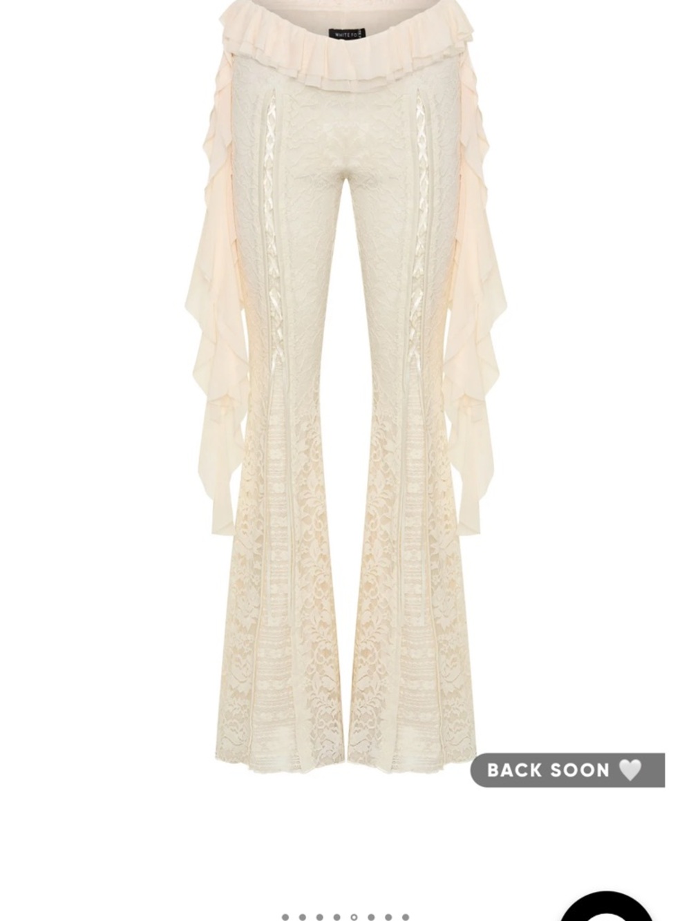 White Fox Boutique Cream Lace Flare Pants with Ruffle Side Panels